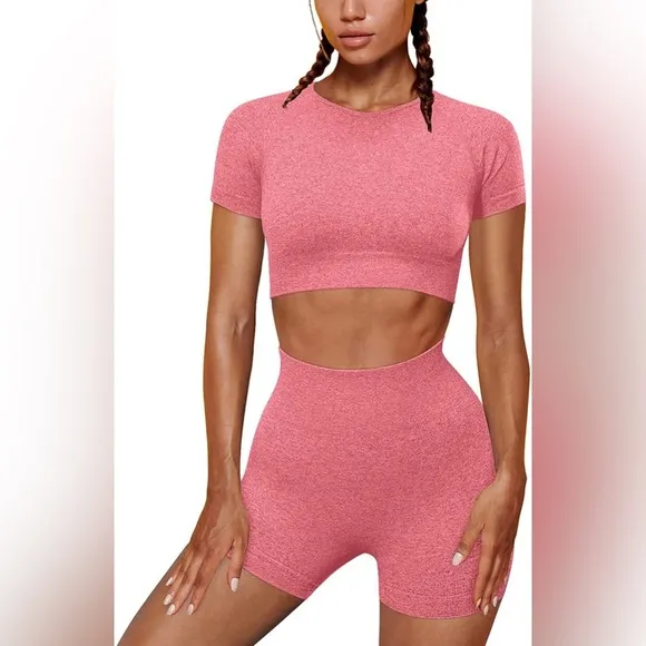228. LARGE Yoga 2 Piece Outfits Workout Running Crop Top Seamless High Waist Spo