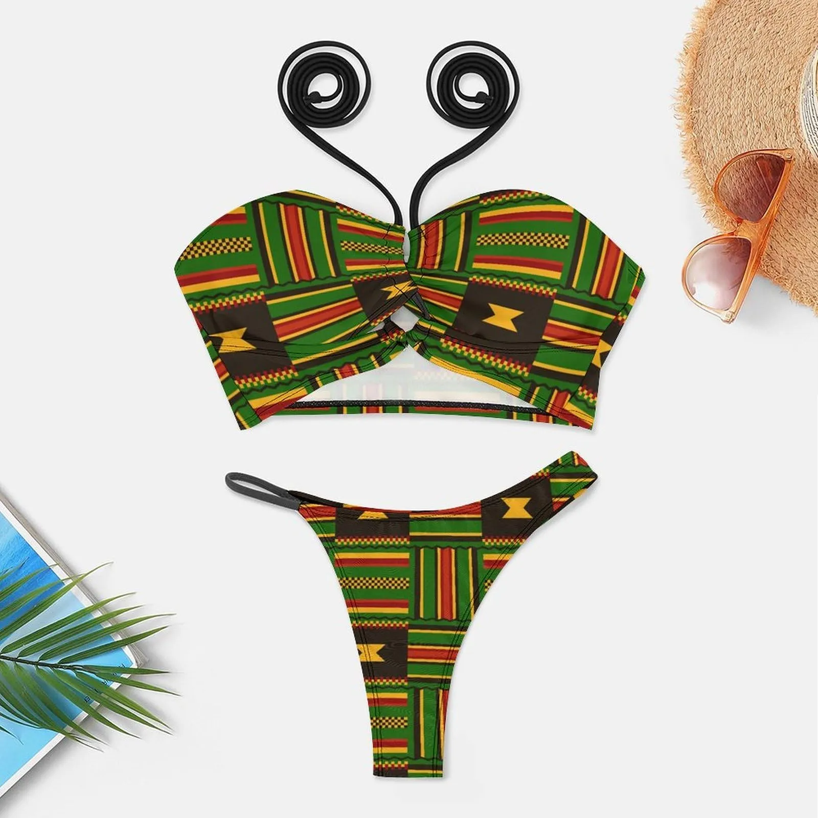 African Kente Cloth Print Women's 2 Piece Bikini Set Halter Strap Swimsuit Sexy Bathing Suit with Triangle Briefs S