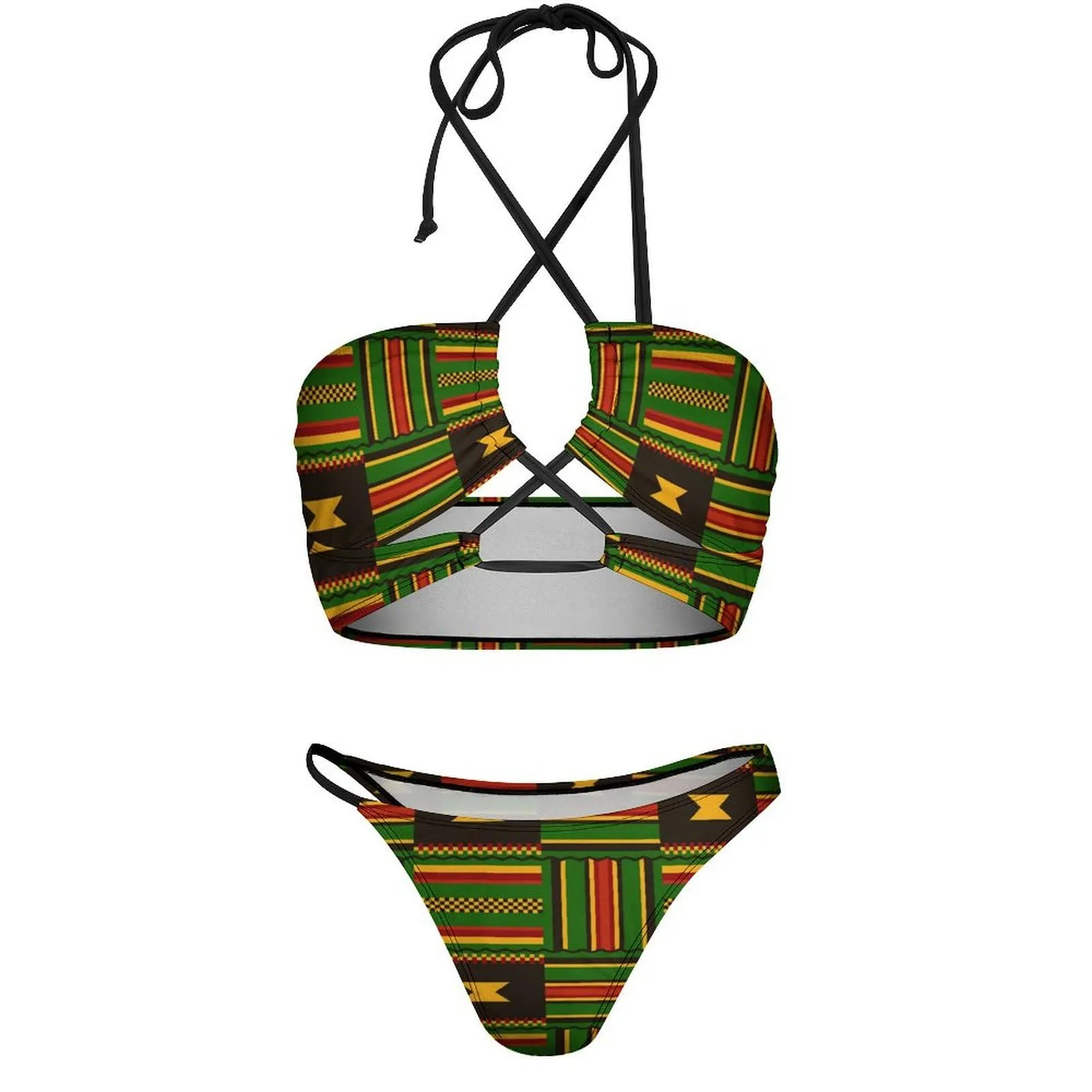 African Kente Cloth Print Women's 2 Piece Bikini Set Halter Strap Swimsuit Sexy Bathing Suit with Triangle Briefs S
