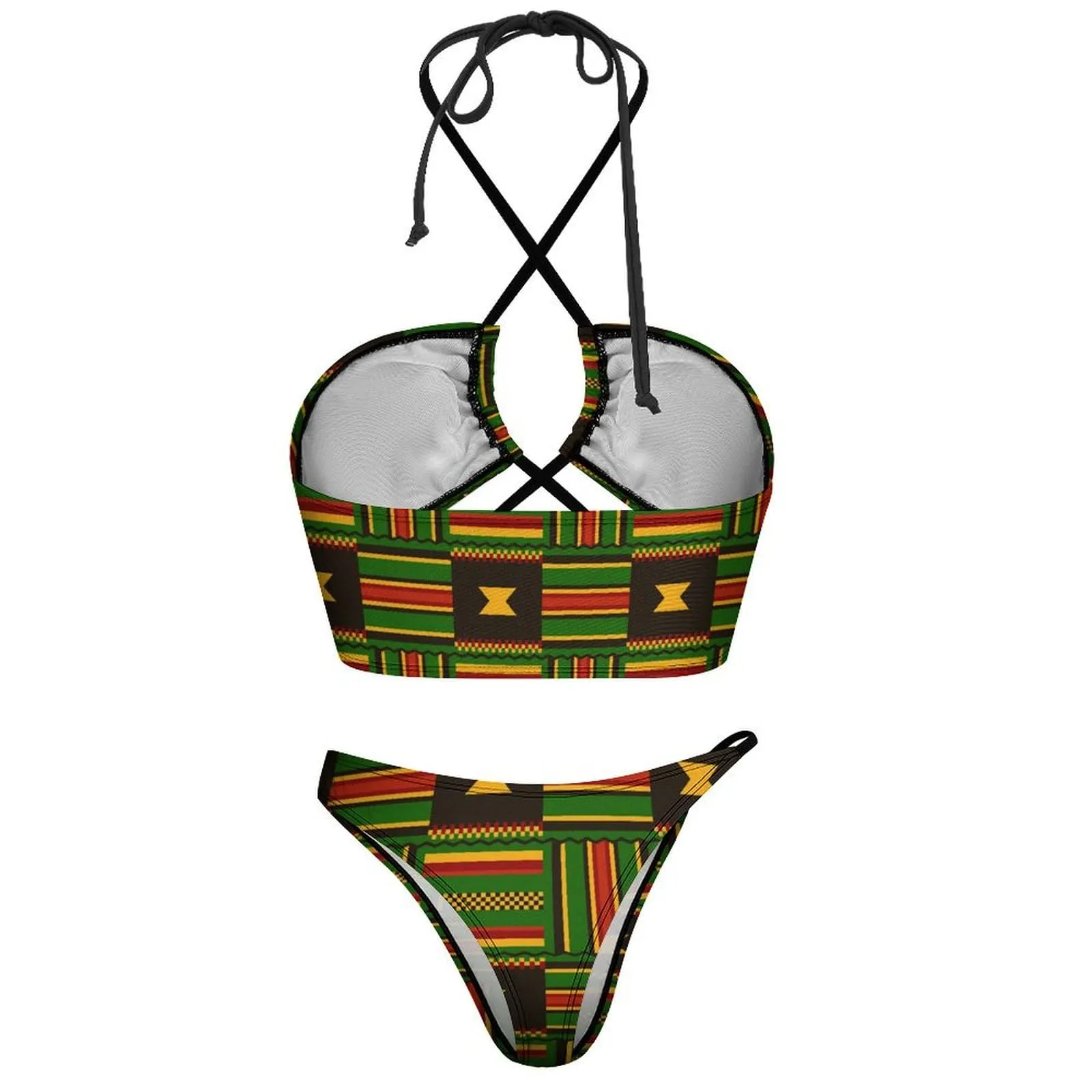African Kente Cloth Print Women's 2 Piece Bikini Set Halter Strap Swimsuit Sexy Bathing Suit with Triangle Briefs S