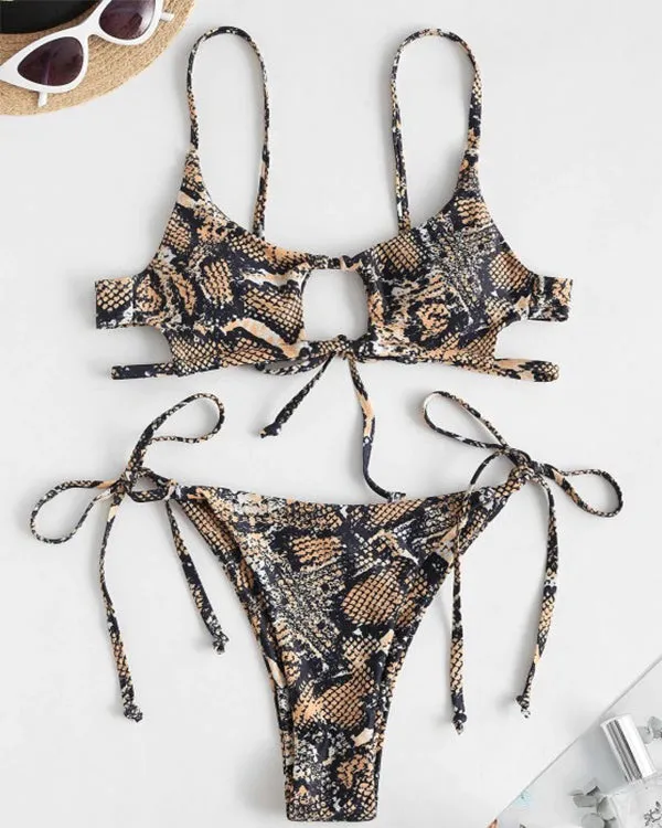 Animal Print Cut out Tie Side Bikini Sets