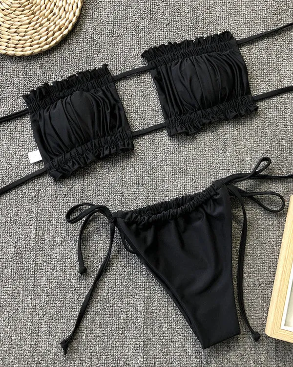 Bandeau Ruffled Thongs Bikini Sets