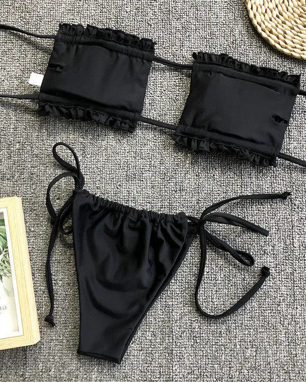 Bandeau Ruffled Thongs Bikini Sets