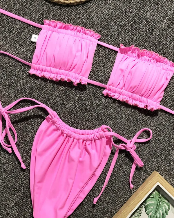 Bandeau Ruffled Thongs Bikini Sets