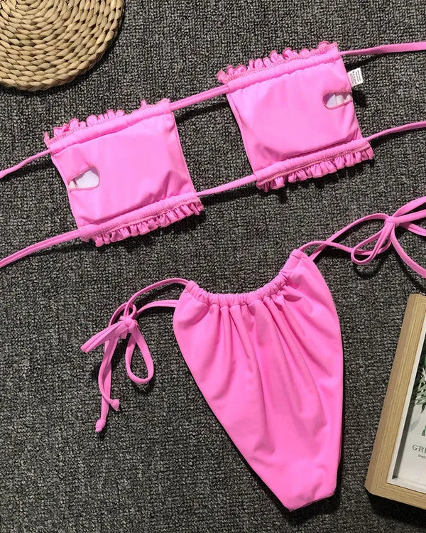 Bandeau Ruffled Thongs Bikini Sets