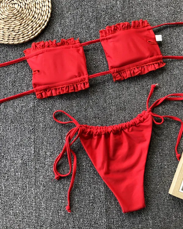 Bandeau Ruffled Thongs Bikini Sets