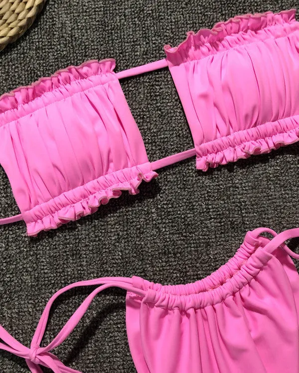 Bandeau Ruffled Thongs Bikini Sets