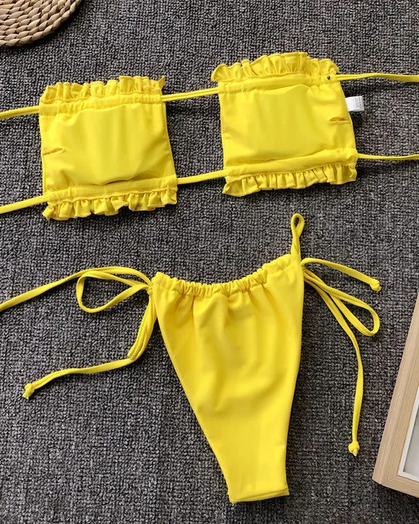 Bandeau Ruffled Thongs Bikini Sets