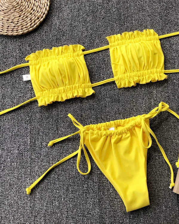 Bandeau Ruffled Thongs Bikini Sets