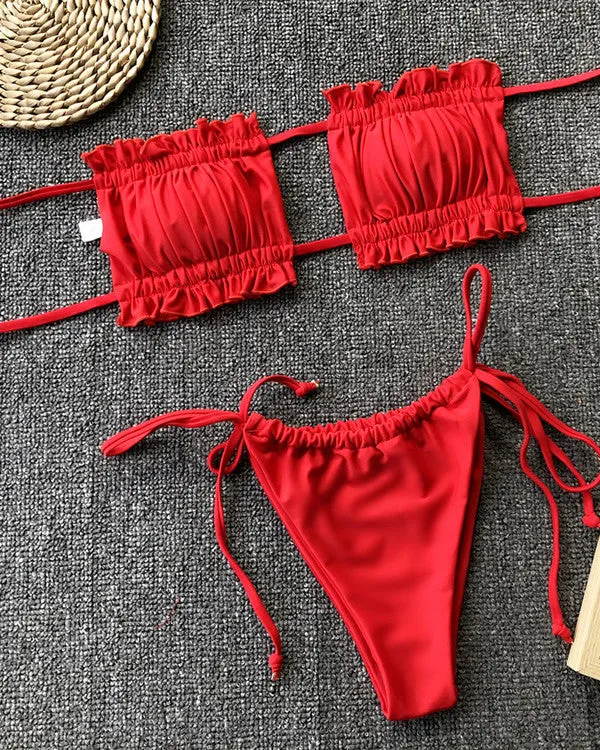 Bandeau Ruffled Thongs Bikini Sets
