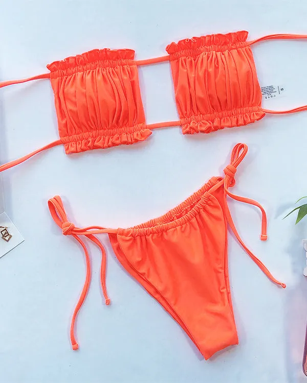 Bandeau Ruffled Thongs Bikini Sets