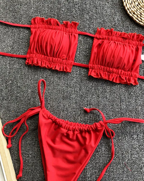 Bandeau Ruffled Thongs Bikini Sets