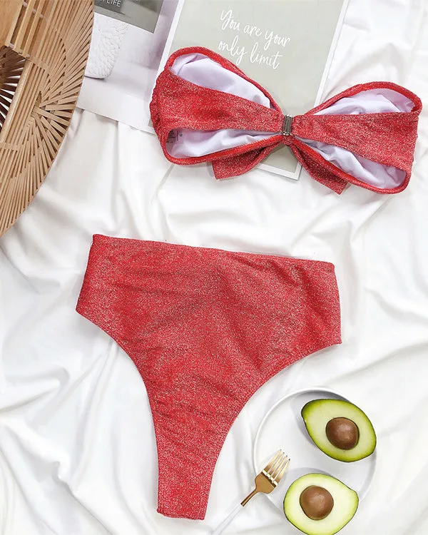 Bandeau Tie Front High Waisted Bikini Sets
