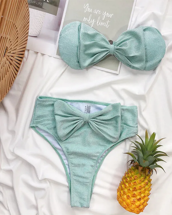 Bandeau Tie Front High Waisted Bikini Sets