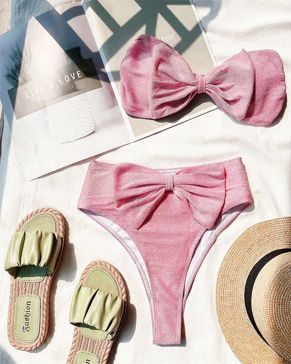 Bandeau Tie Front High Waisted Bikini Sets