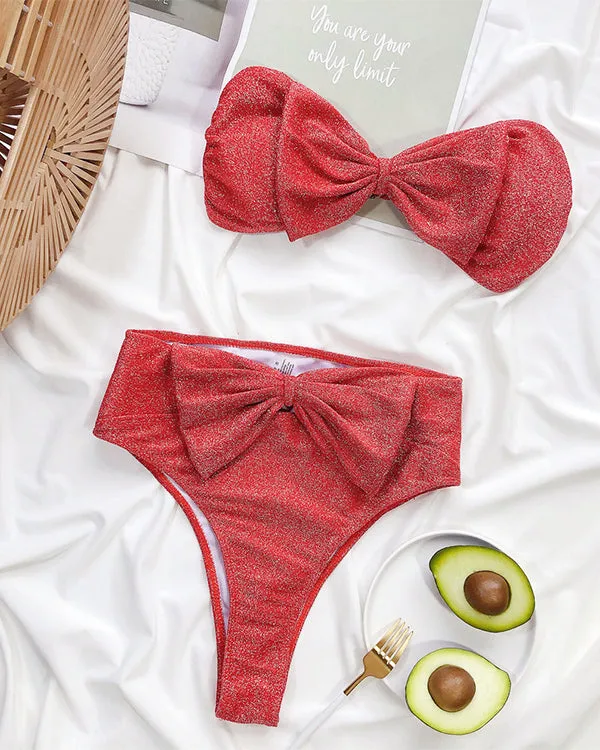 Bandeau Tie Front High Waisted Bikini Sets