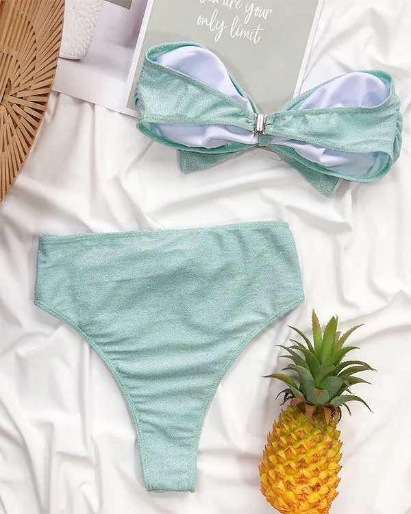 Bandeau Tie Front High Waisted Bikini Sets