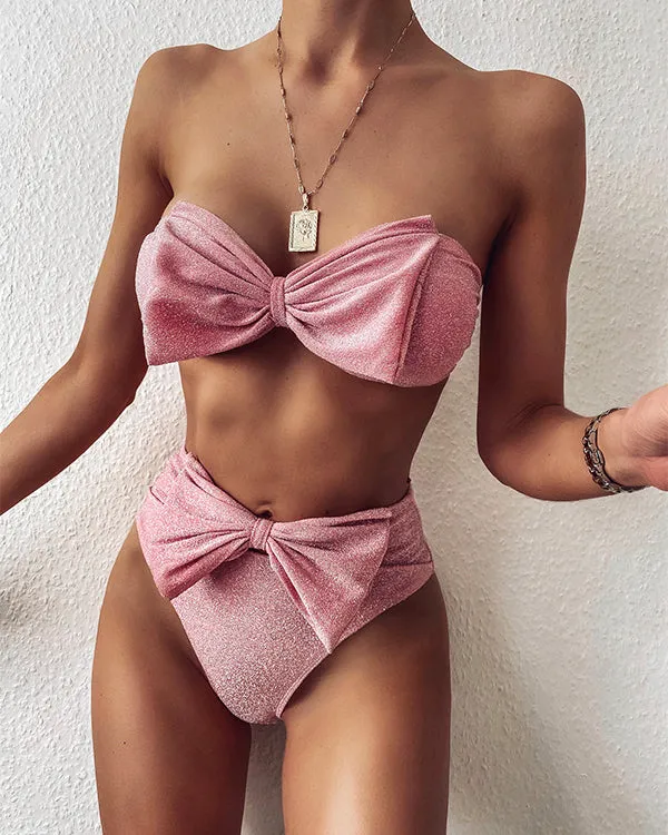 Bandeau Tie Front High Waisted Bikini Sets
