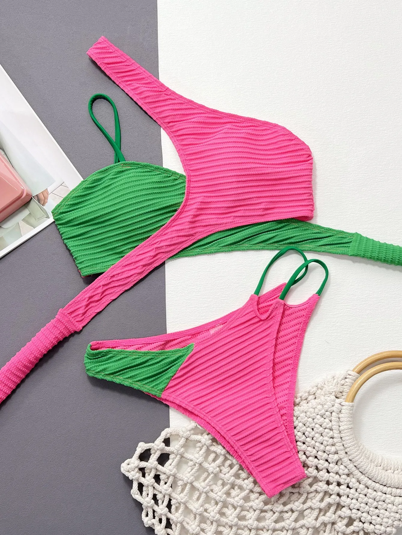 Beachside Drama Two Tone Bikini Swimsuit | Two piece BIkini | Bikini Sets | One shoulder cutout swimsuit