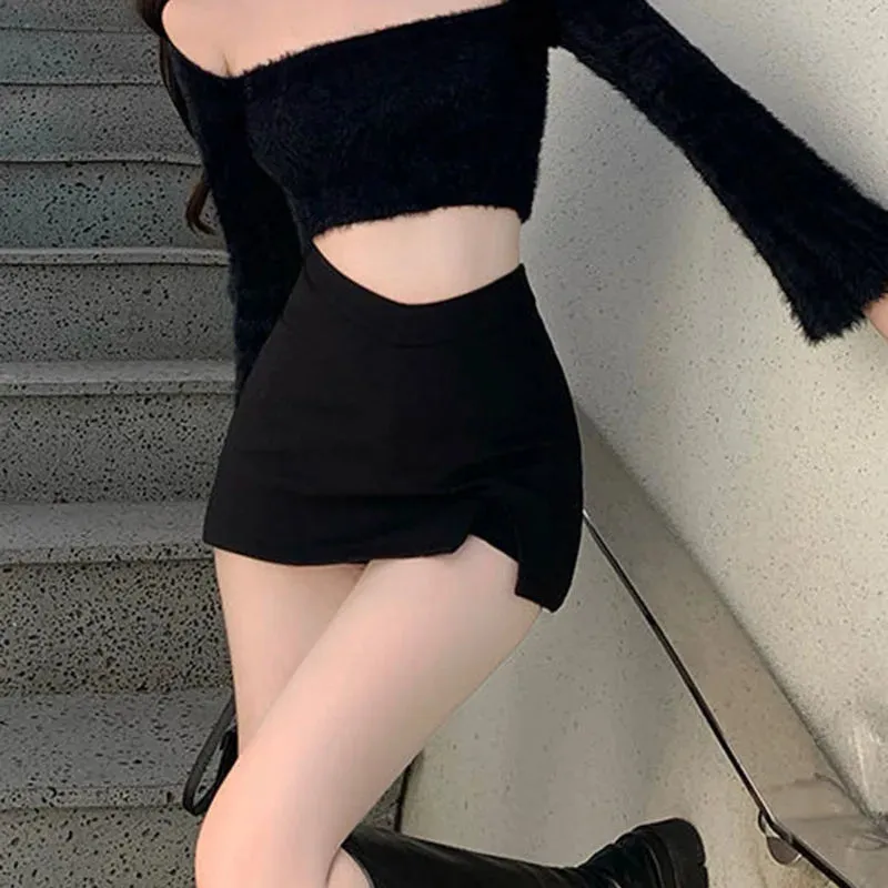 Black Split Mini Skirt – Sexy High-Waist Slit Skirt for Women
