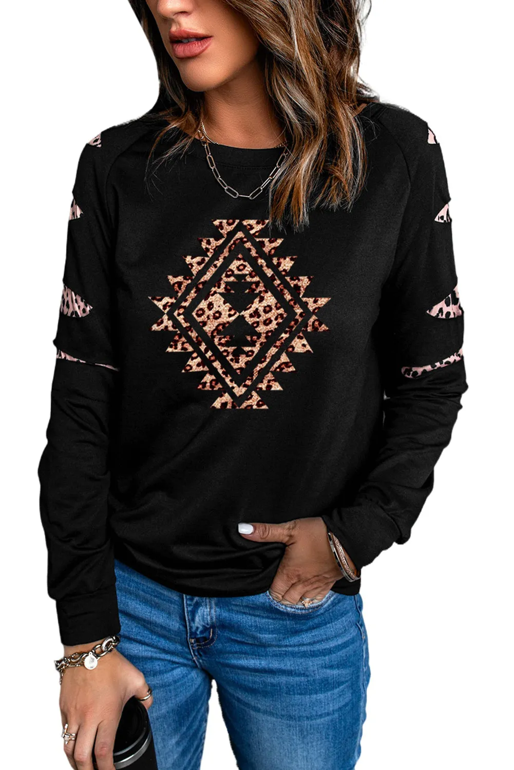 Black Western Leopard Print Cut-out Long Sleeve Sweatshirt
