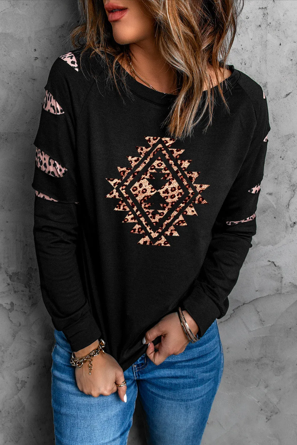 Black Western Leopard Print Cut-out Long Sleeve Sweatshirt