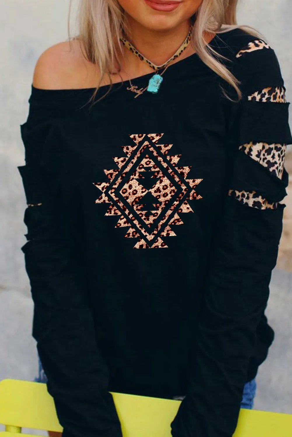 Black Western Leopard Print Cut-out Long Sleeve Sweatshirt