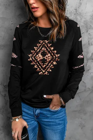 Black Western Leopard Print Cut-out Long Sleeve Sweatshirt