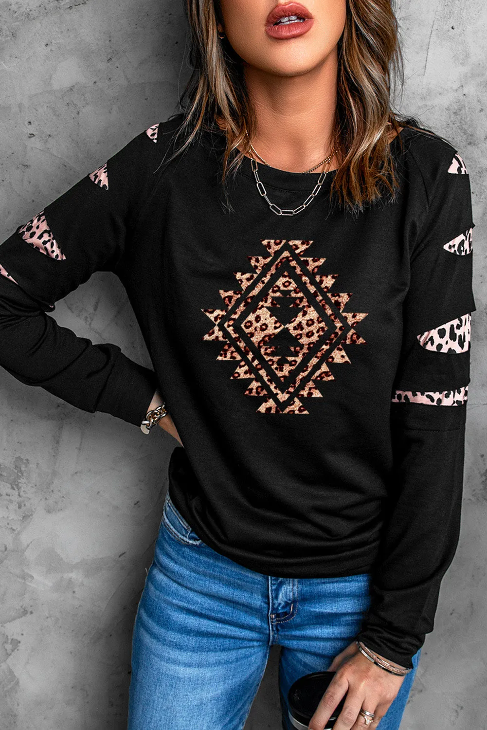 Black Western Leopard Print Cut-out Long Sleeve Sweatshirt