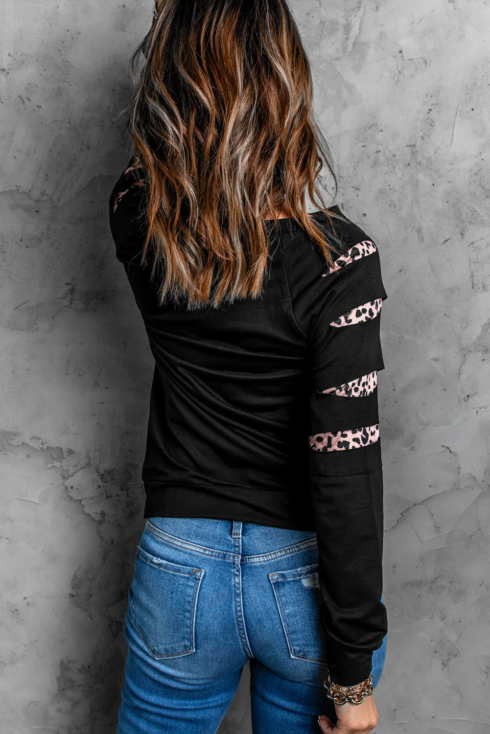 Black Western Leopard Print Cut-out Long Sleeve Sweatshirt
