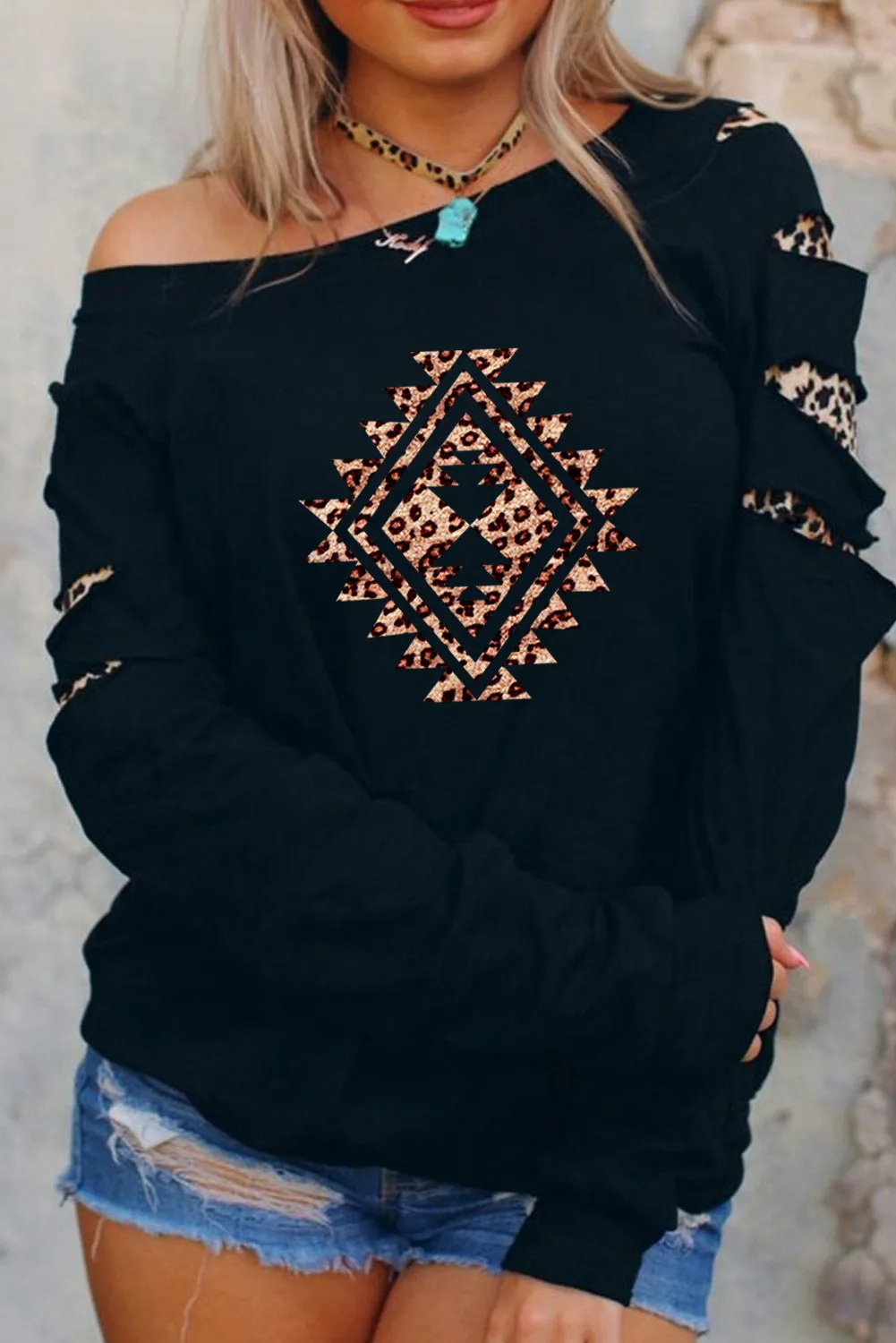 Black Western Leopard Print Cut-out Long Sleeve Sweatshirt