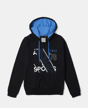 Boy's Super Combed Cotton French Terry Graphic Printed Hoodie Sweatshirt - Black