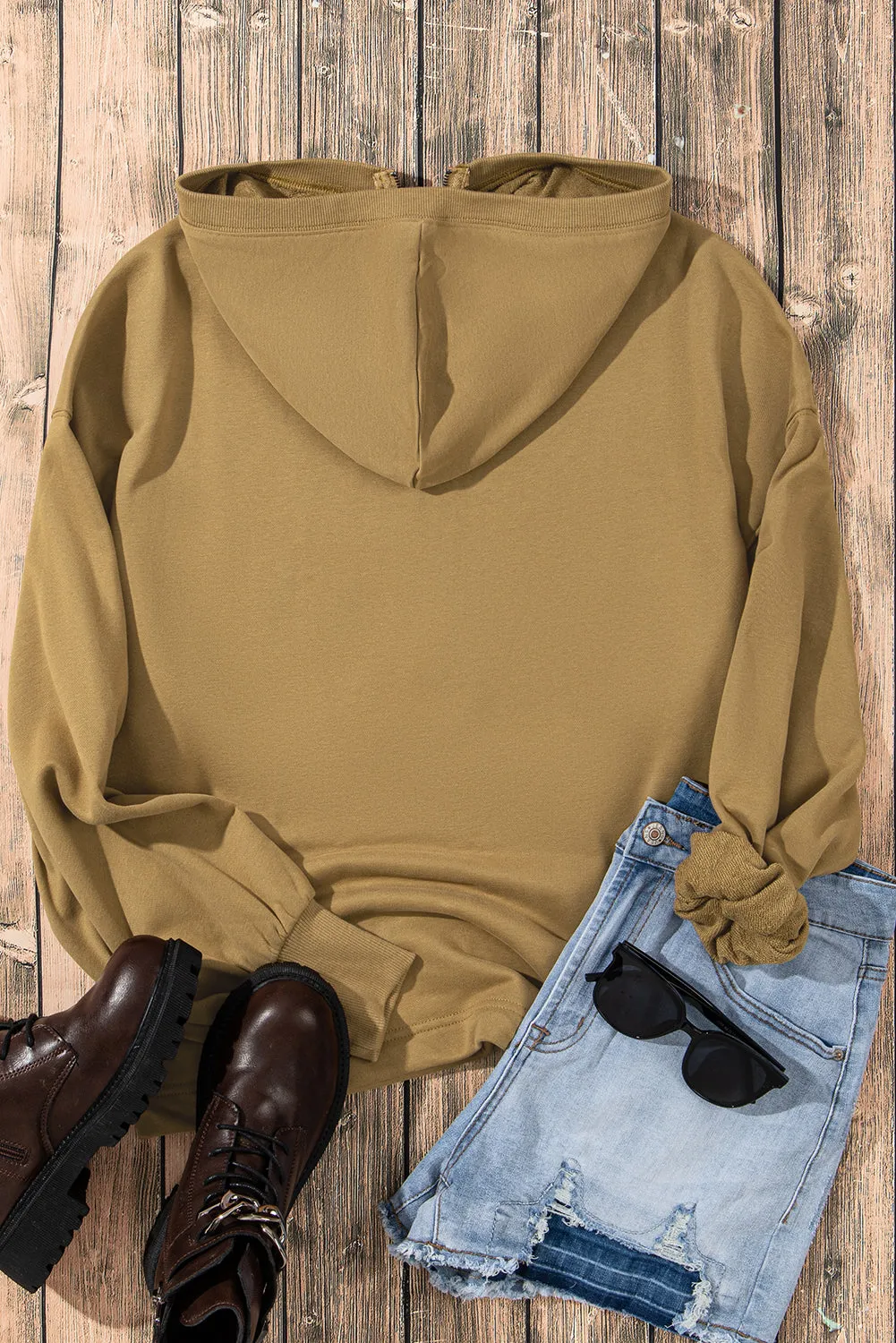 Brown Solid Kangaroo Pocket Half Zipper Oversized Hoodie