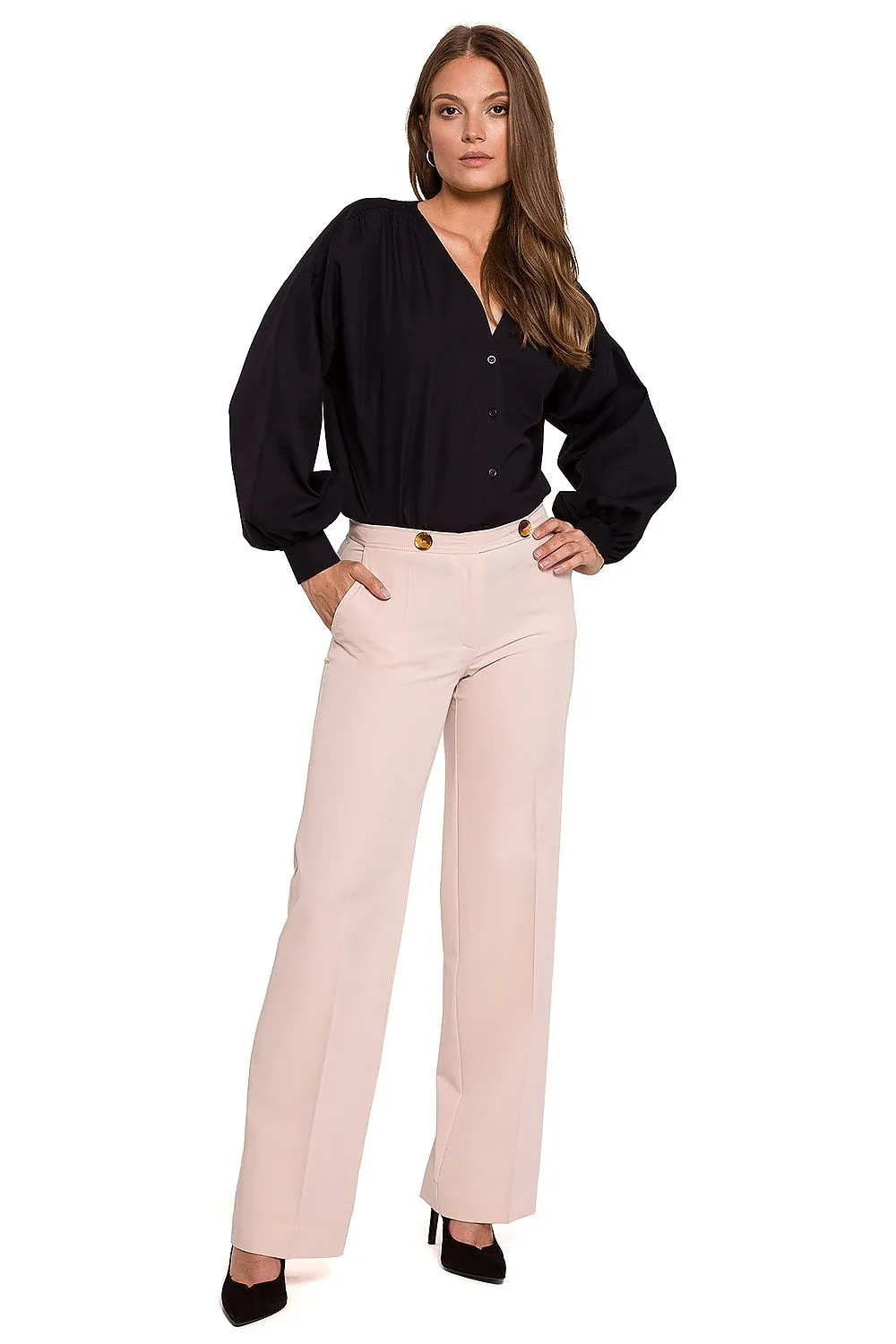 Buttoned Straight-Leg Luxe Trousers