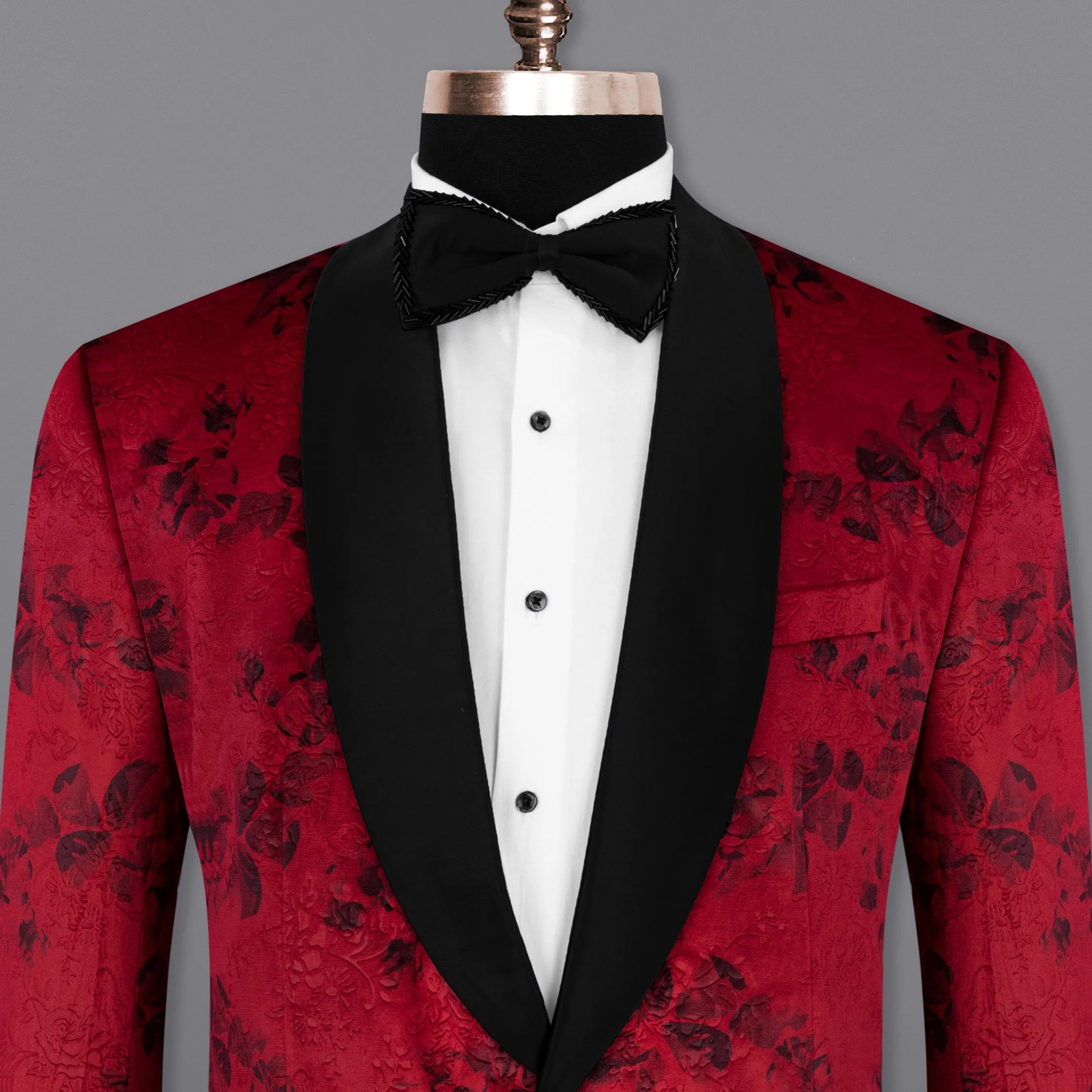 Cardinal Red Floral Textured Designer Tuxedo Blazer