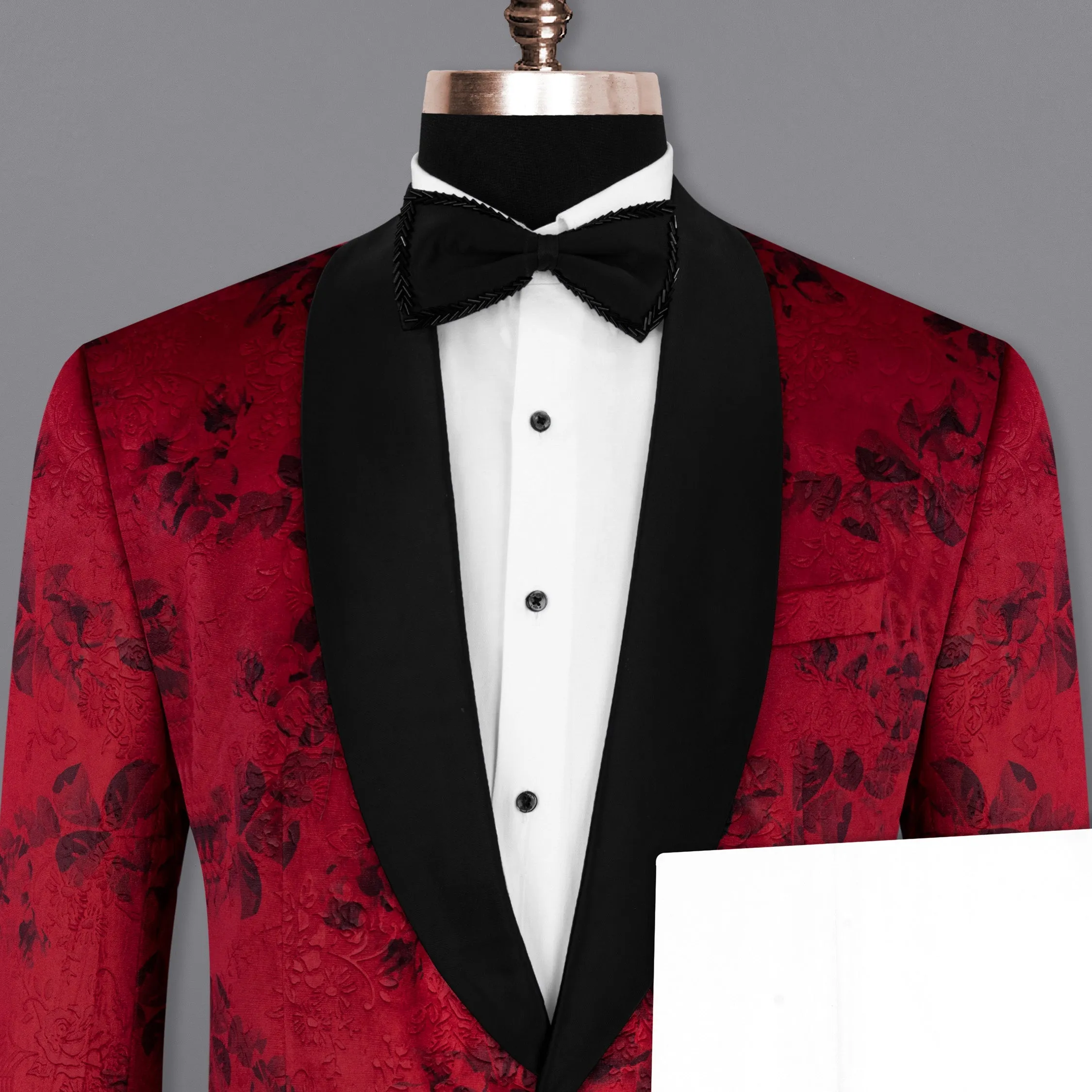Cardinal Red Floral Textured Designer Tuxedo Suit