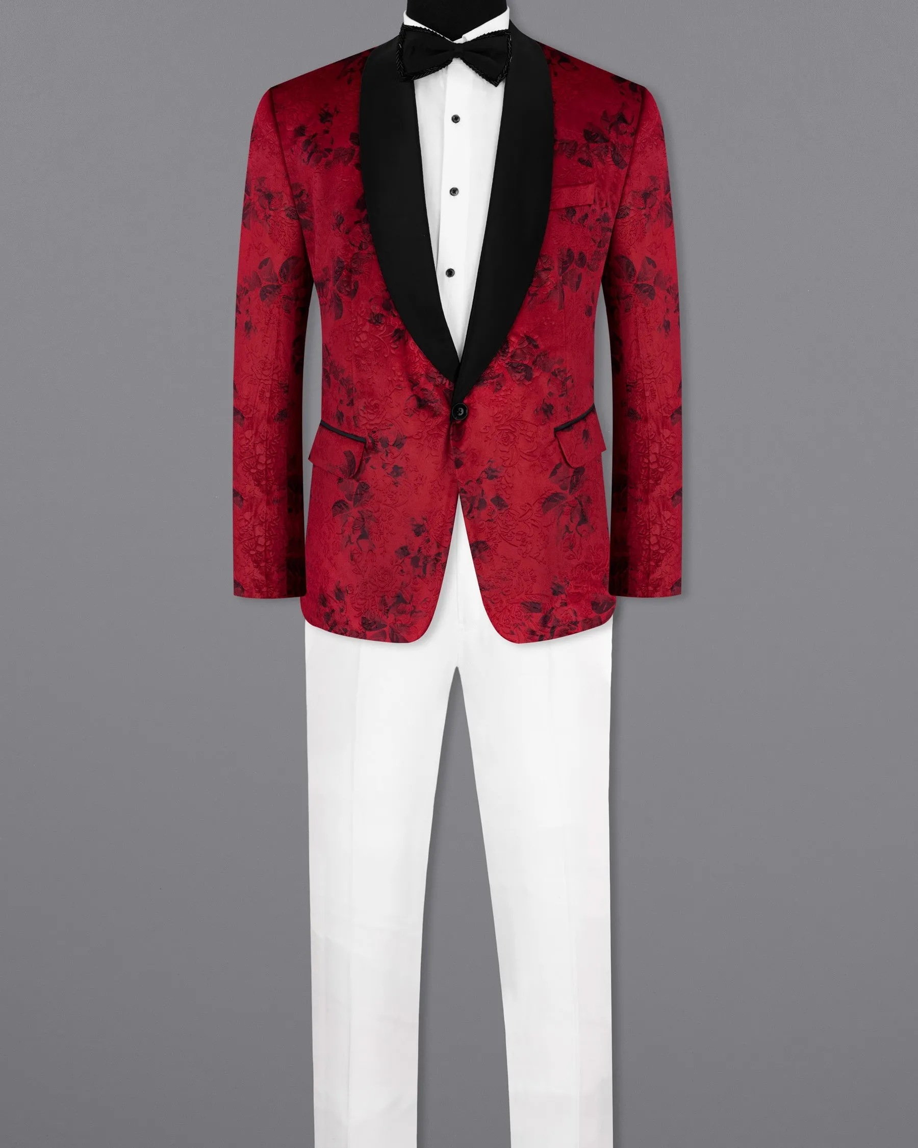 Cardinal Red Floral Textured Designer Tuxedo Suit