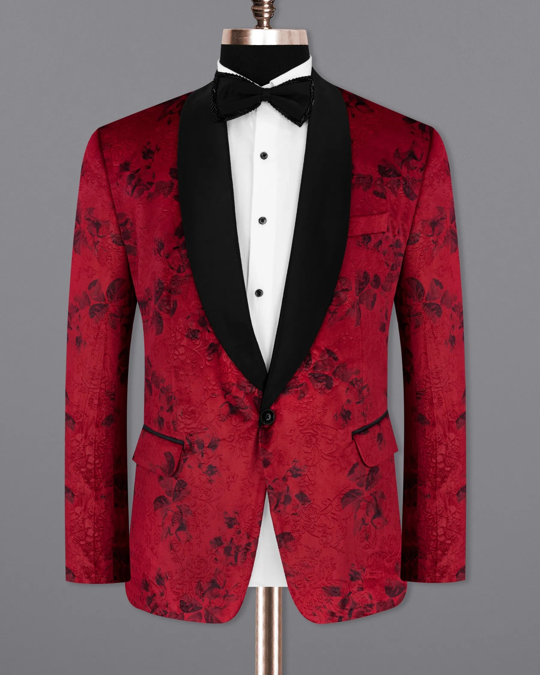 Cardinal Red Floral Textured Designer Tuxedo Suit