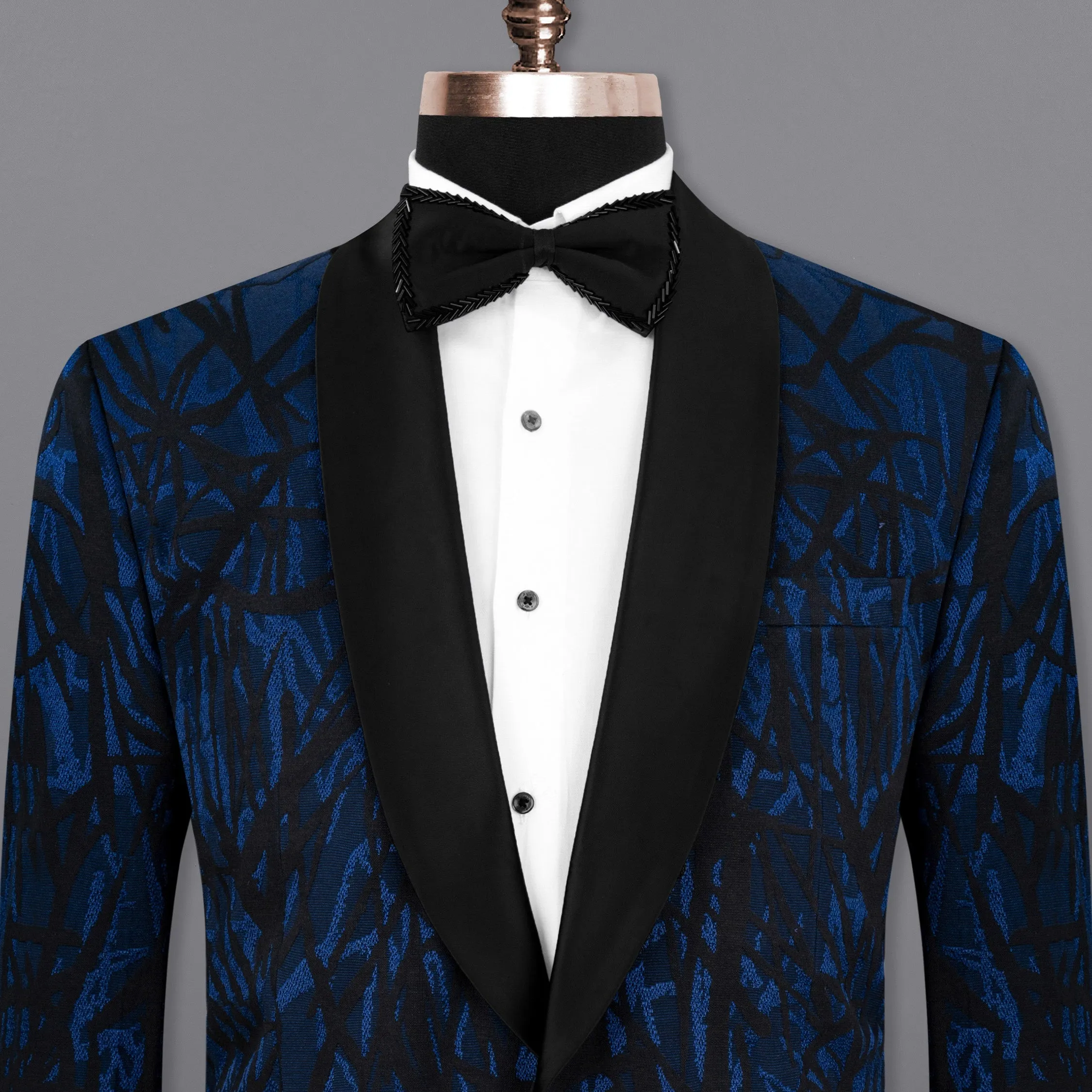 Catalina Blue with Velvet Black abstract Jacquard Textured Tuxedo Blazer