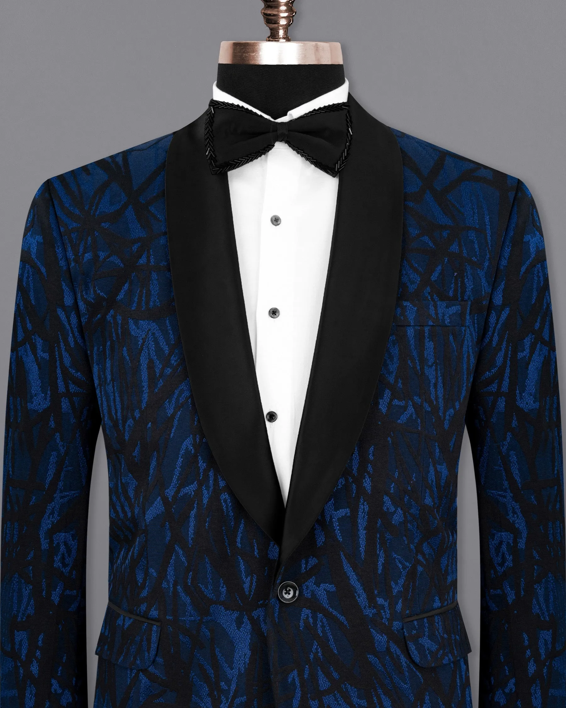 Catalina Blue with Velvet Black abstract Jacquard Textured Tuxedo Blazer