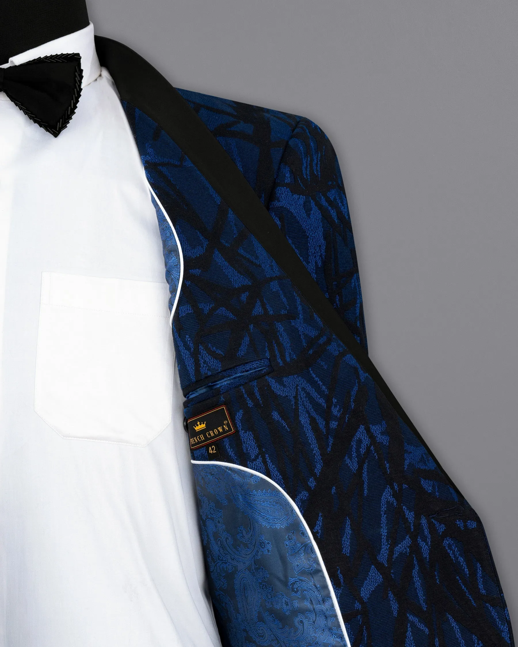Catalina Blue with Velvet Black abstract Jacquard Textured Tuxedo Blazer