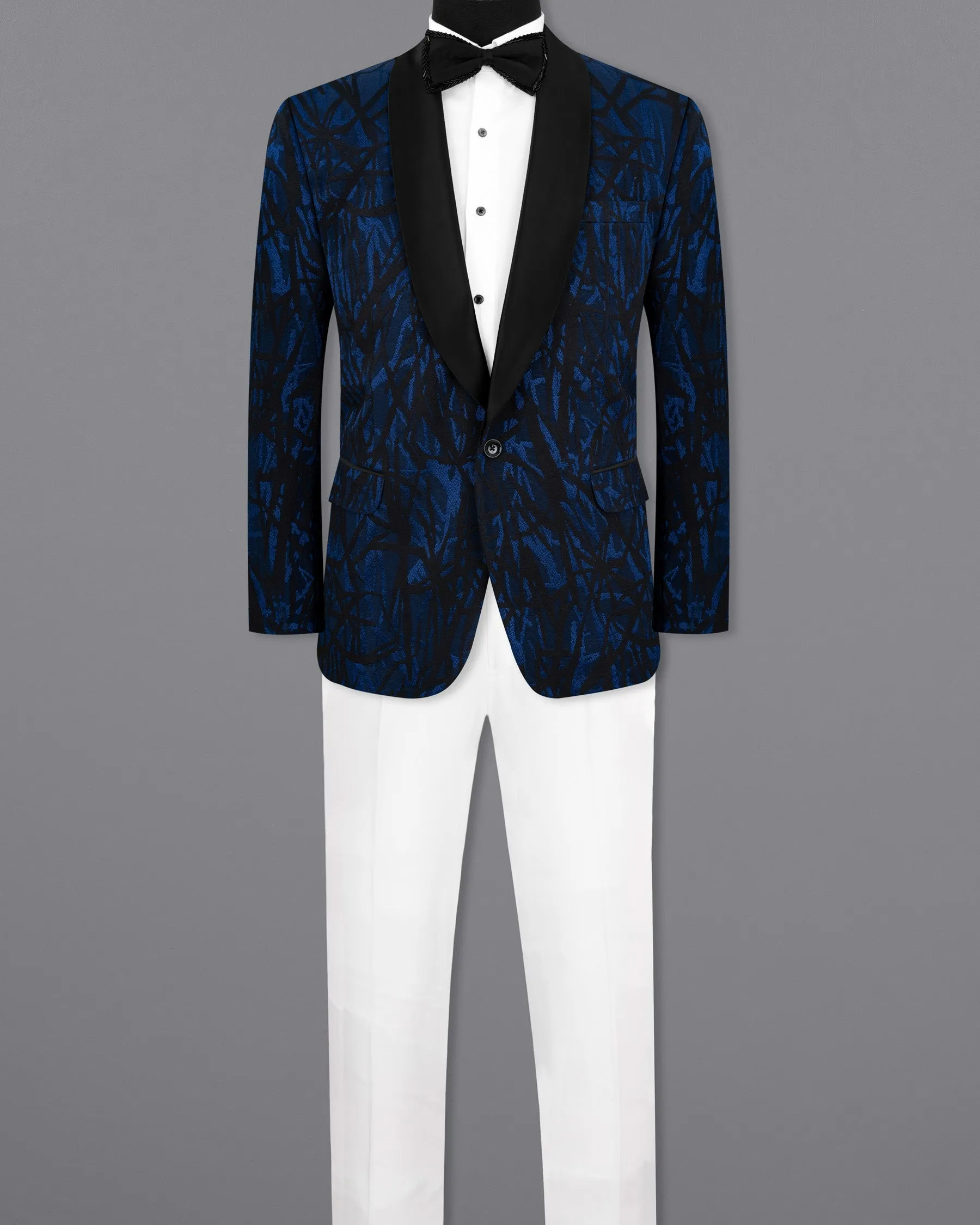 Catalina Blue with Velvet Black abstract Jacquard Textured Tuxedo Suit