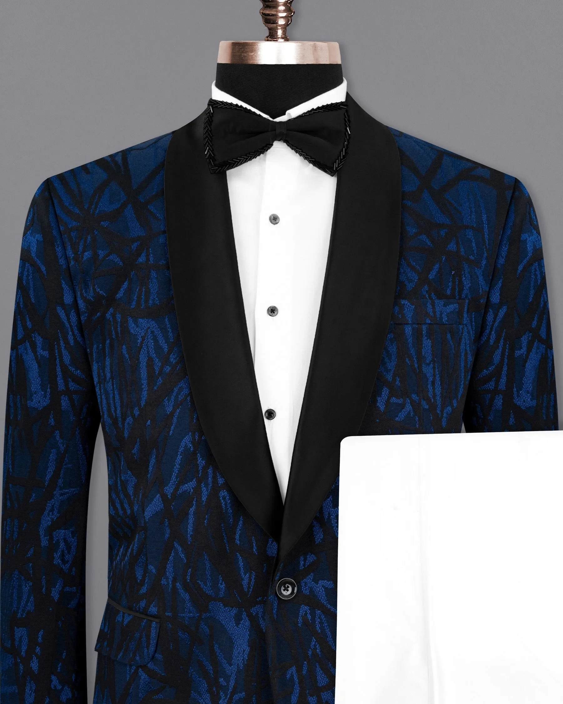 Catalina Blue with Velvet Black abstract Jacquard Textured Tuxedo Suit