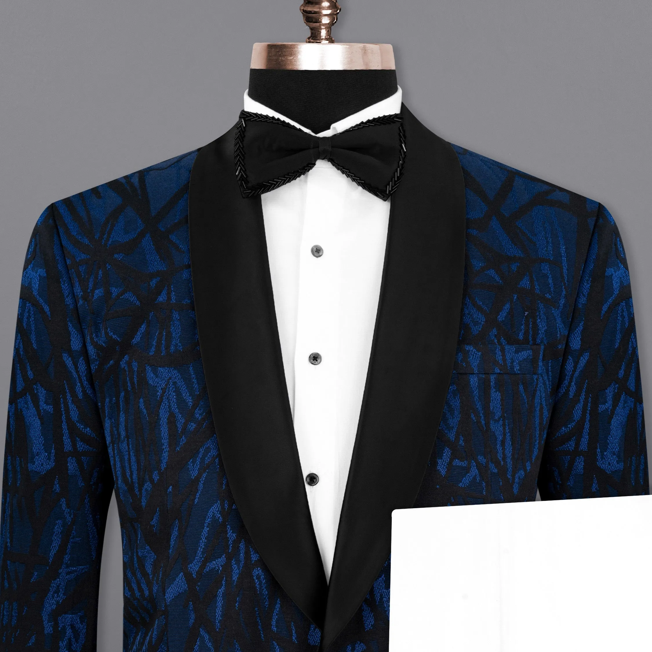 Catalina Blue with Velvet Black abstract Jacquard Textured Tuxedo Suit