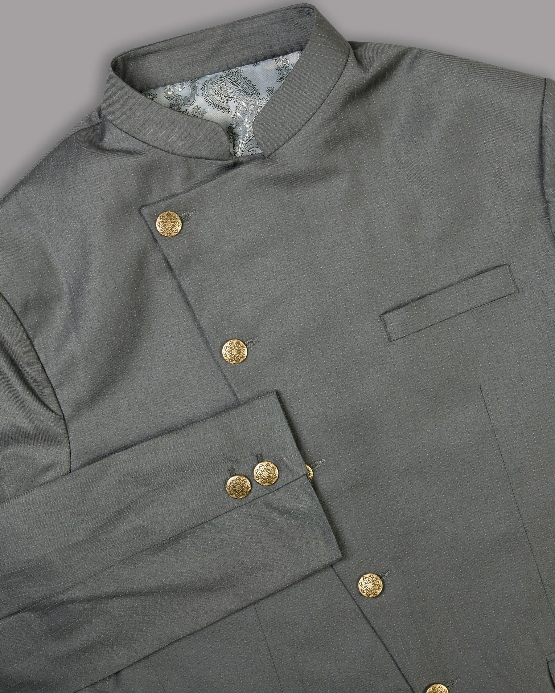 Chicago Gray Subtle Striped Cross Buttoned Bandhgala/Mandarin Blazer