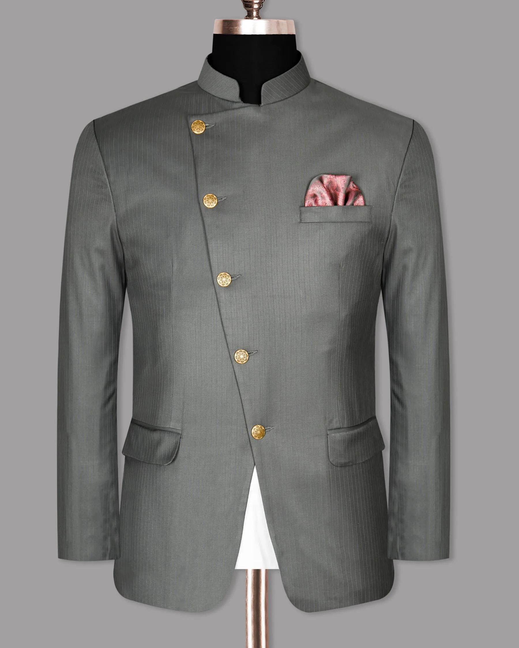 Chicago Gray Subtle Striped Cross Buttoned Bandhgala/Mandarin Blazer