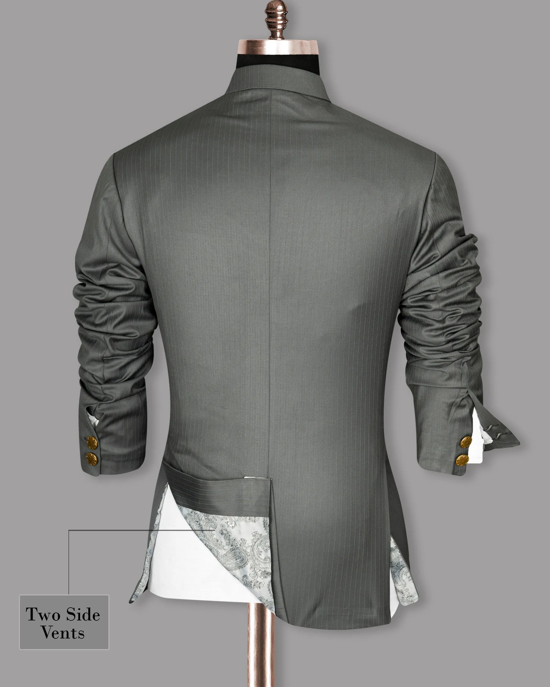 Chicago Gray Subtle Striped Cross Buttoned Bandhgala/Mandarin Blazer