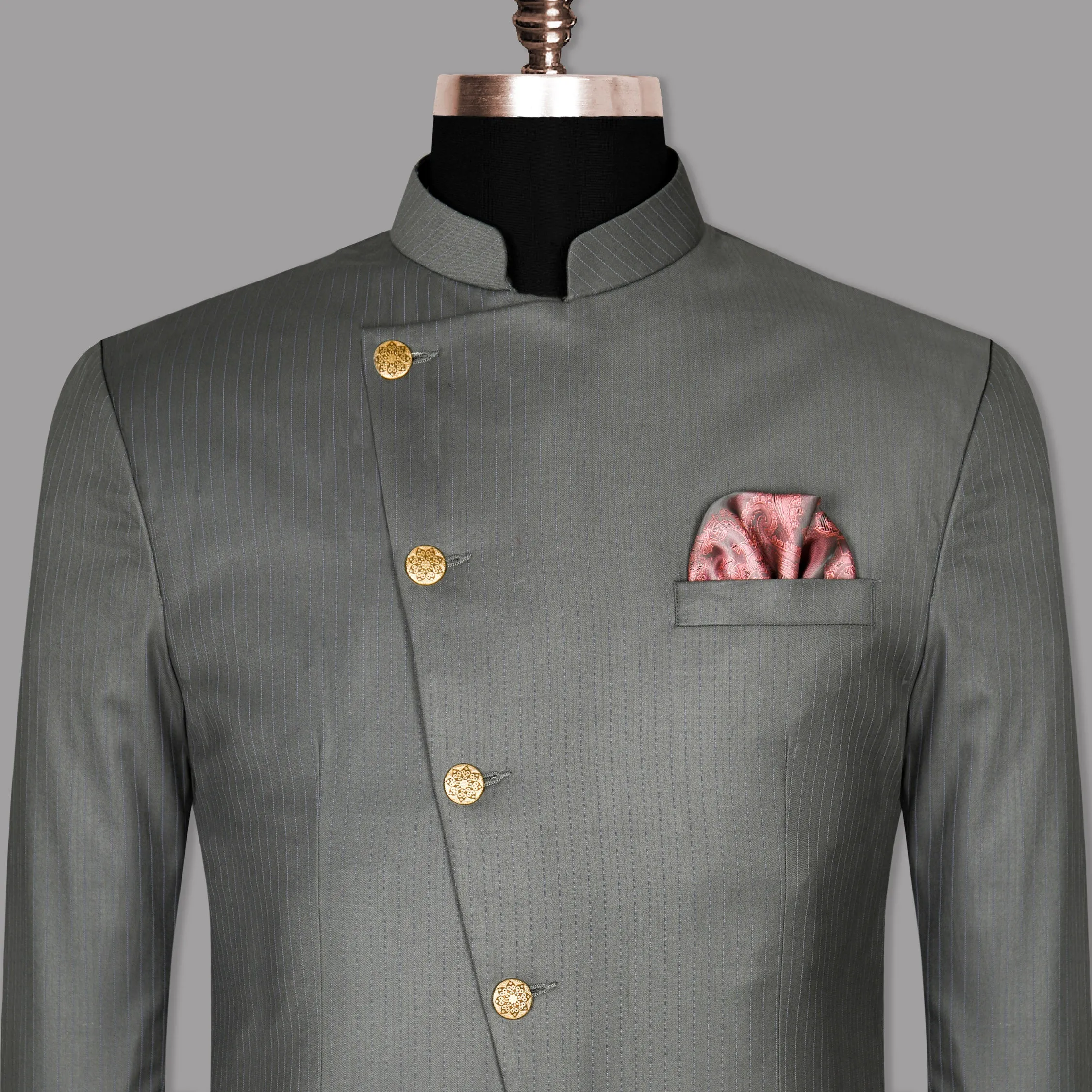 Chicago Gray Subtle Striped Cross Buttoned Bandhgala/Mandarin Blazer