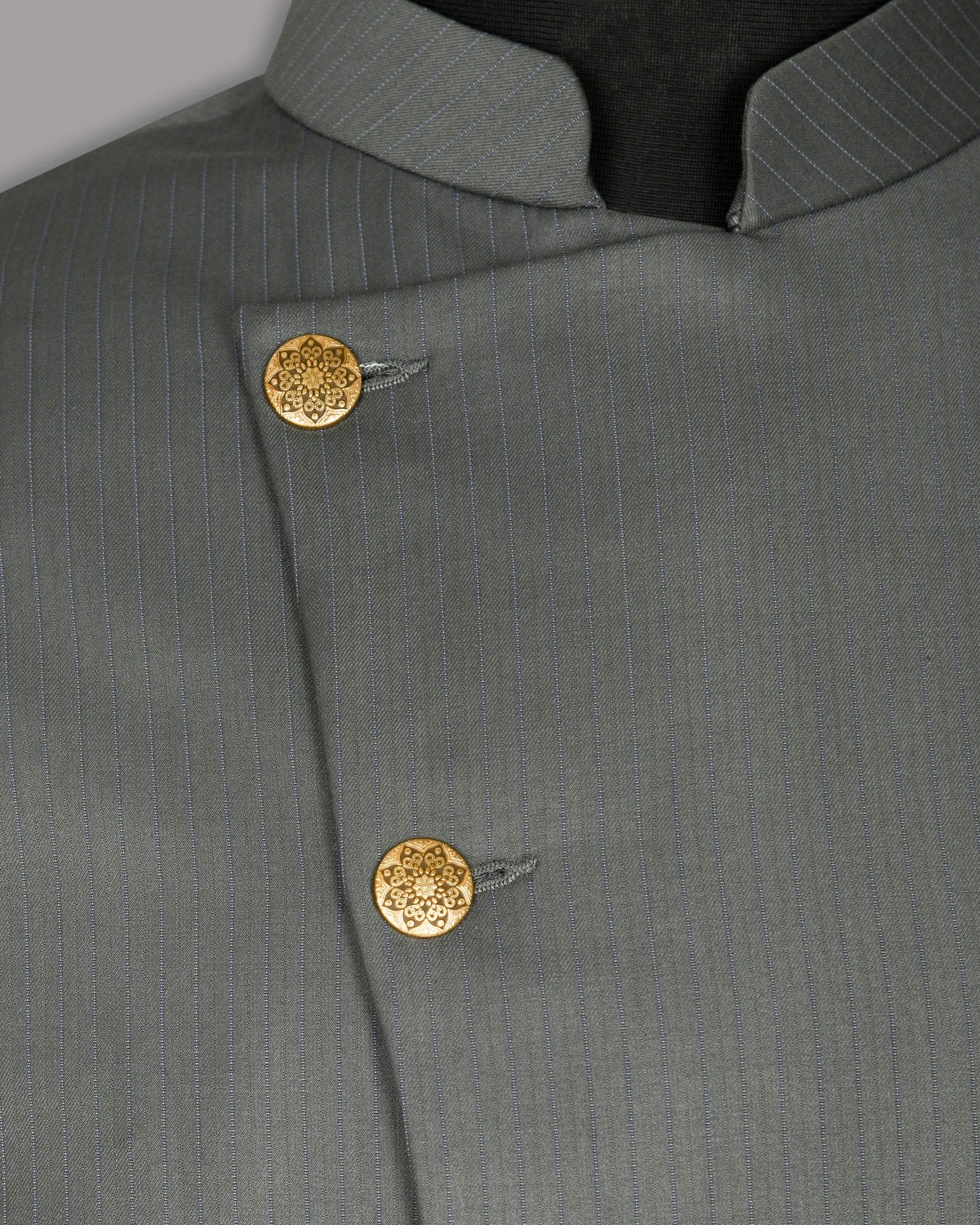 Chicago Gray Subtle Striped Cross Buttoned Bandhgala/Mandarin Blazer