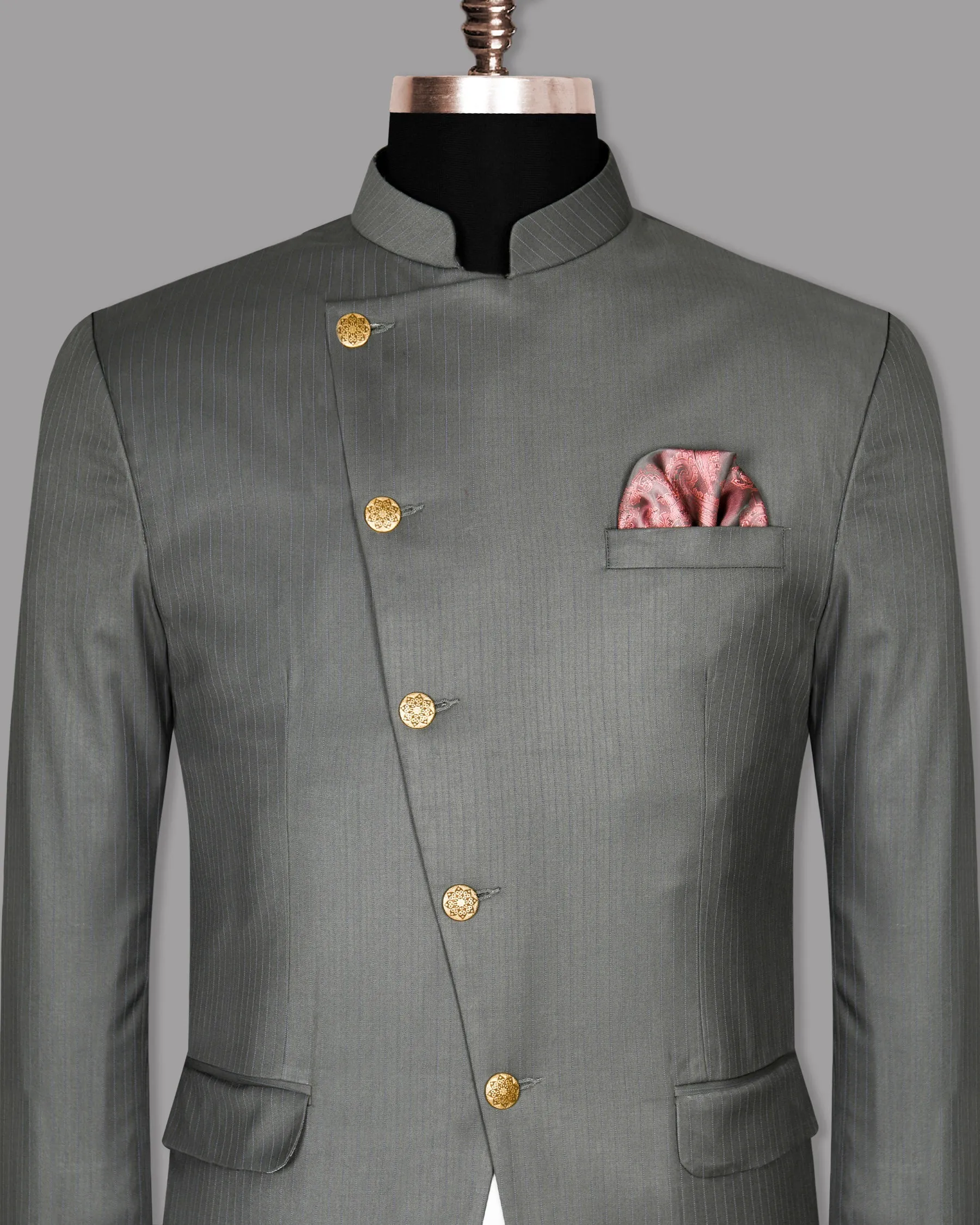 Chicago Gray Subtle Striped Cross Buttoned Bandhgala/Mandarin Blazer